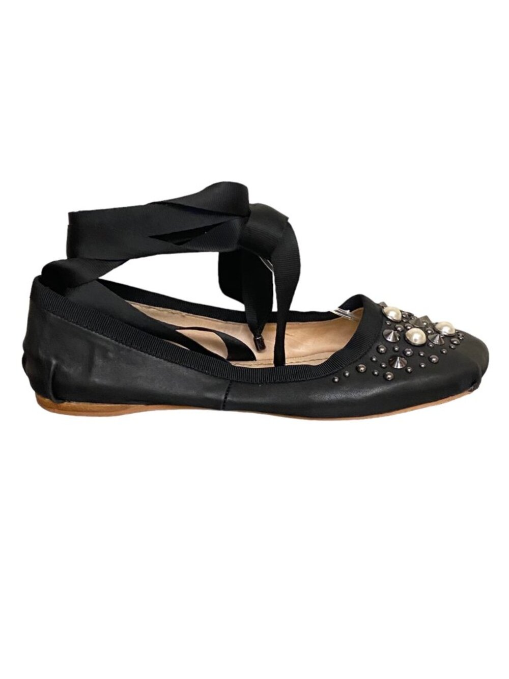 TopShop Black Ballet Flats With Pearl & Stud Embellishments Lace-Up Ballet Core